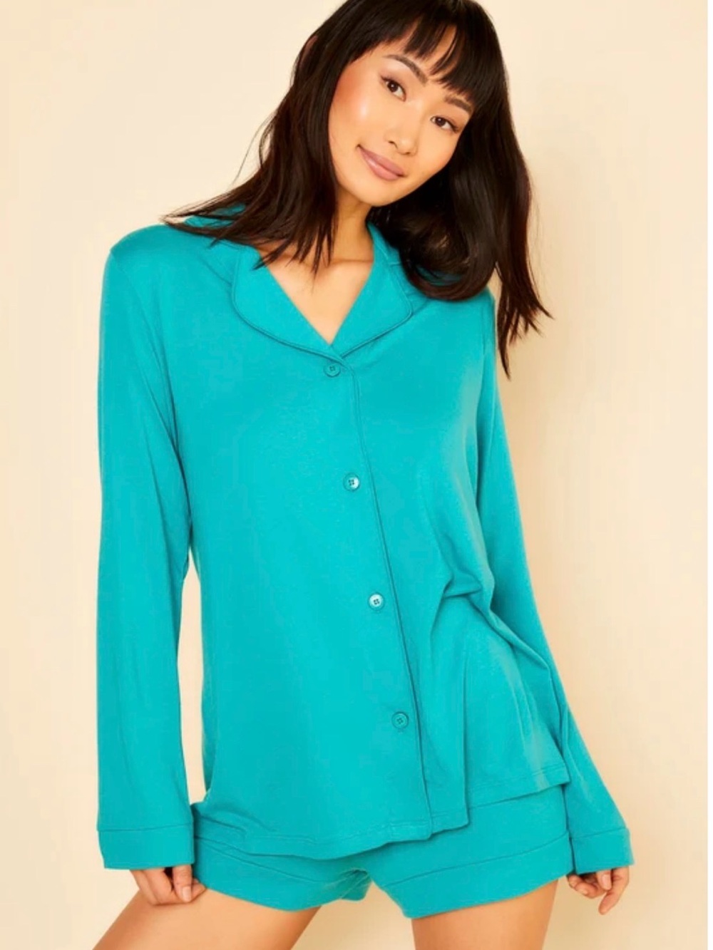 Cosabella Button-Front Long Sleeve Top in Teal Blue